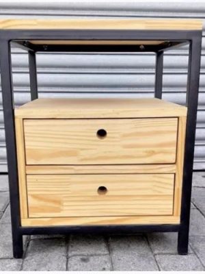 Industrial Pine Box Nightstand with steel frame