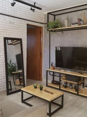 Farmhouse Industrial TV Unit with Shelf and Coffee Table