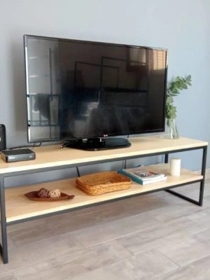 Industrial TV Unit with steel frame and solid wooden top and pine shelf