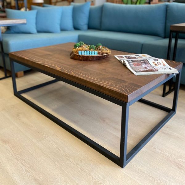 Industrial Coffee Table with Steel and Solid Pine Top