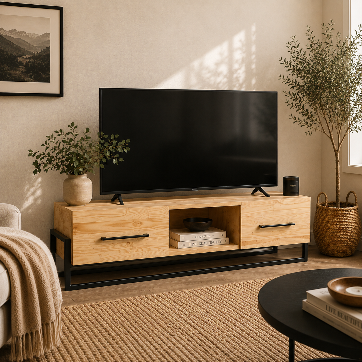 Industrial Pine Box TV unit with Steel Frame