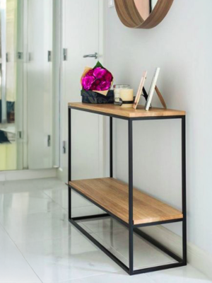 Industrial Entrance Hall Table with Steel Frame and Solid Pine Top and Shelf