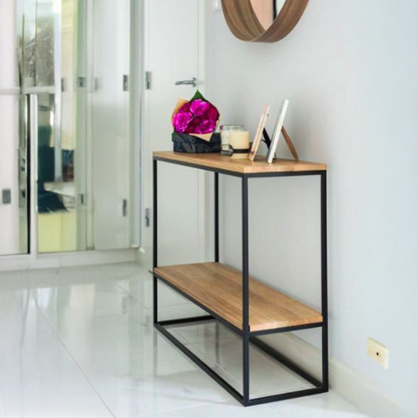 Industrial Entrance Hall Table with Steel Frame and Solid Pine Top and Shelf