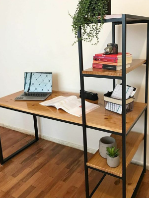 Industrial Students Desk with Steel Frame and Solid Pine Top and Bookshelf