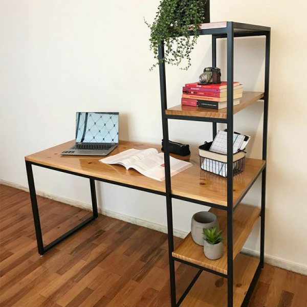 Industrial Students Desk with Steel Frame and Solid Pine Top and Bookshelf
