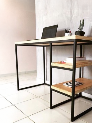 Industrial Students Desk with Steel Frame and Solid Pine Top and Shelfs