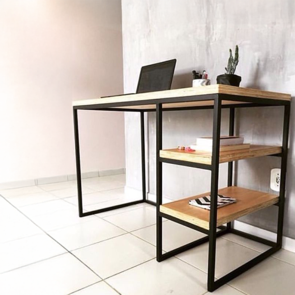 Industrial Students Desk with Steel Frame and Solid Pine Top and Shelfs