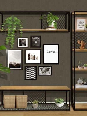 Farmhouse Industrial TV Unit with Shelf and Bookshelf with steel grid