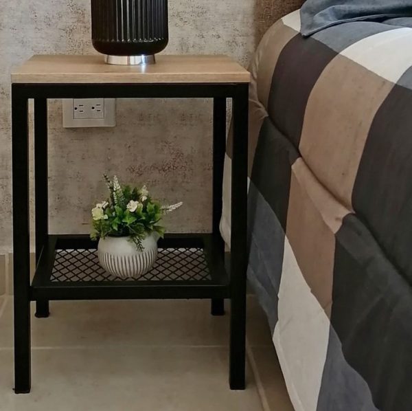 Farmhouse Industrial Nightstand with steel frame and sold pine top