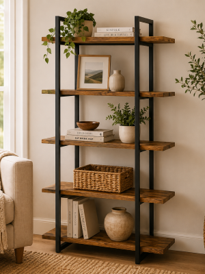 Farmhouse Industrial Bookshelf with bulky steel legs and pine shelfs