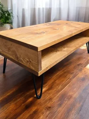 Solid Pine Coffee Table with Hairpin Steel Legs