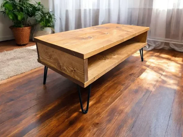 Solid Pine Coffee Table with Hairpin Steel Legs