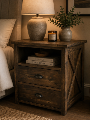 Farmhouse 2 Drawer and Open Shelf Nightstand / Bedside Table