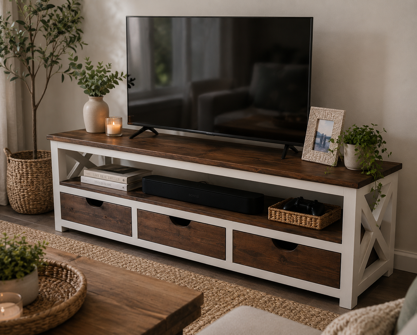 Farmhouse Wooden TV Unit with 3 Drawers