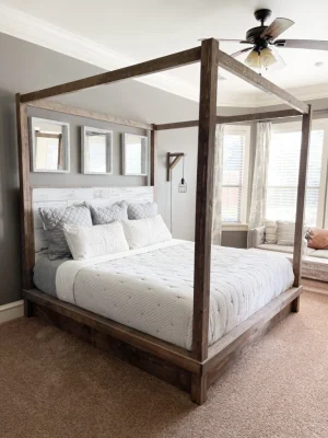Rustic 4 Post Canopy Bed with Distressed Headboard