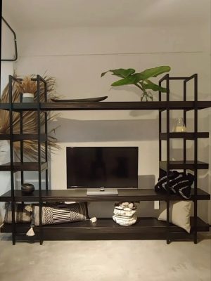 Industrial TV Stand with removeable shelves in Ebony Wood Stain