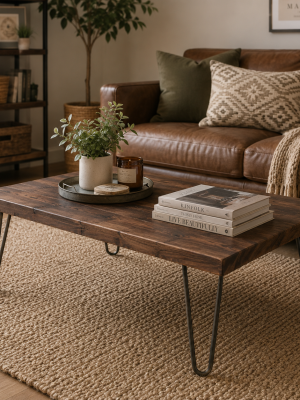 Industrial Coffee Table with Hairpin Legs and Solid Pine Top