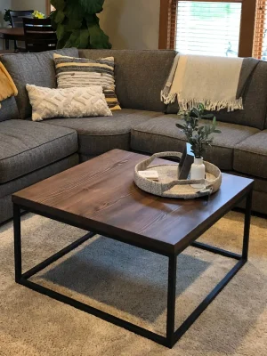 Industrial Square Coffee Table with Steel and Solid Pine Top