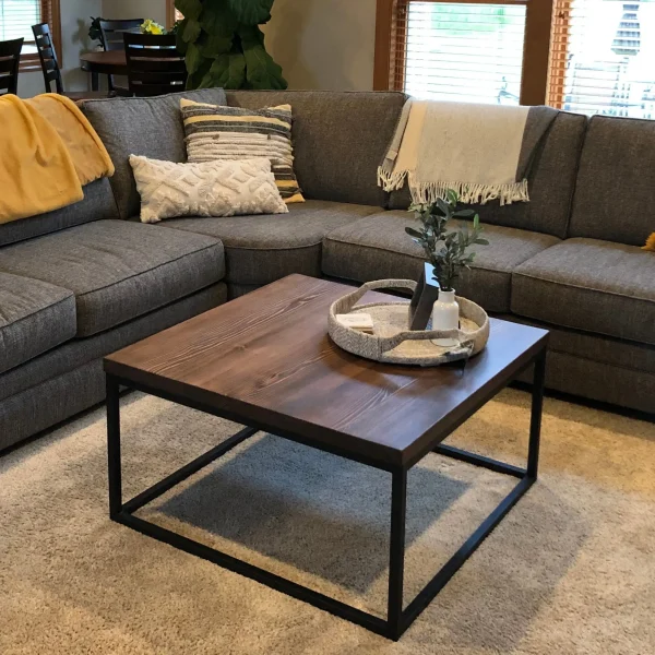 Industrial Square Coffee Table with Steel and Solid Pine Top