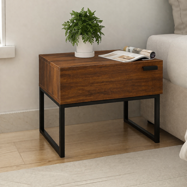 Industrial Pine Box Nightstand with steel frame