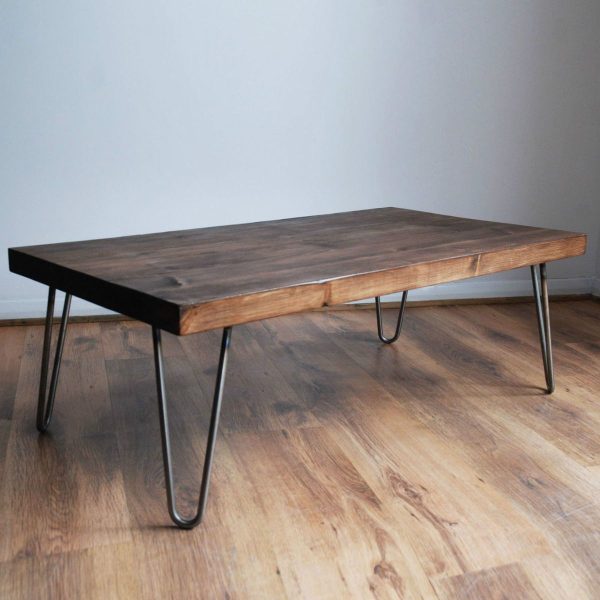 Industrial Coffee Table with Hairpin Legs and Solid Pine Top